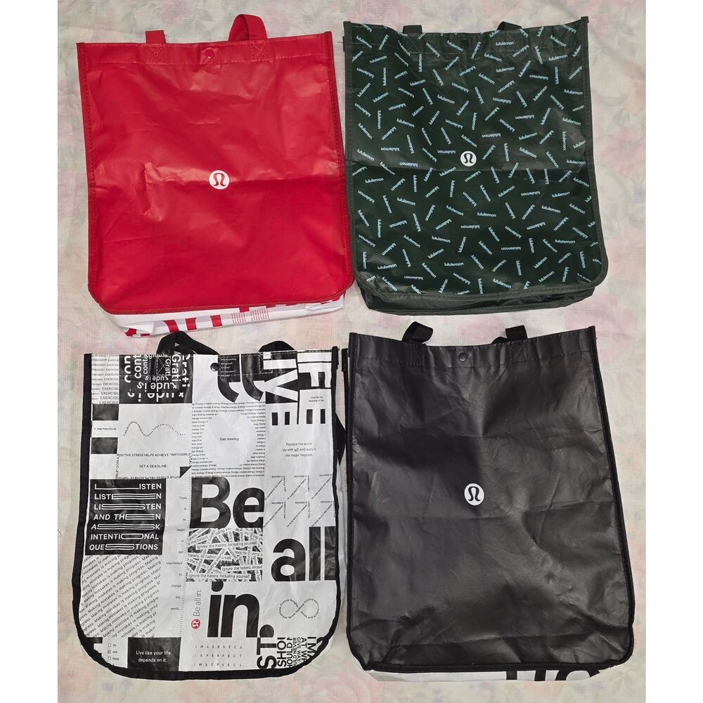 Lululemon Reusable Shopping Tote Bags Set of 4 Large Black Red Green Logo Gym